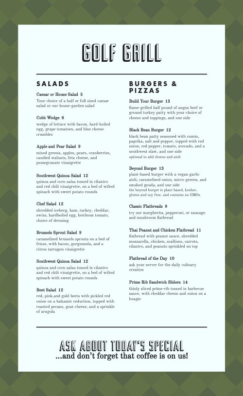 Country Club Golf Grill Menu page 1 preview