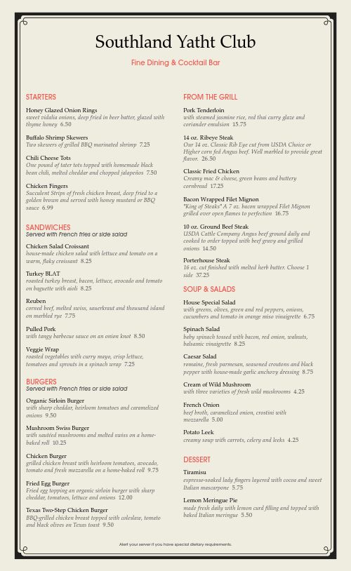 yacht gourmet restaurant & cafe menu