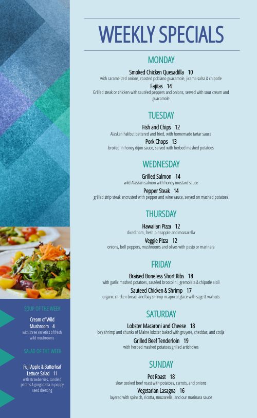 Dining Hall Daily Menu Design Template by MustHaveMenus