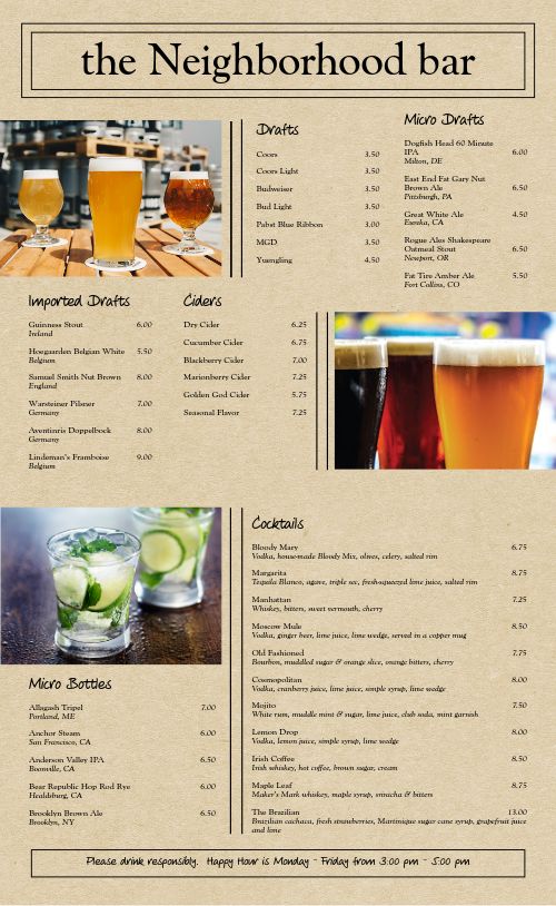 Local Bar Menu Design Template by MustHaveMenus