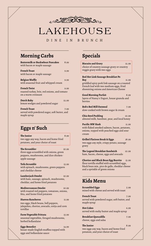 Brunch Dine In Menu page 1 preview