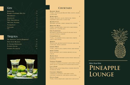 Tropical Cocktail Lounge Folded Menu