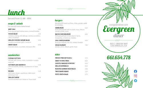 Evergreen Diner Takeout Menu