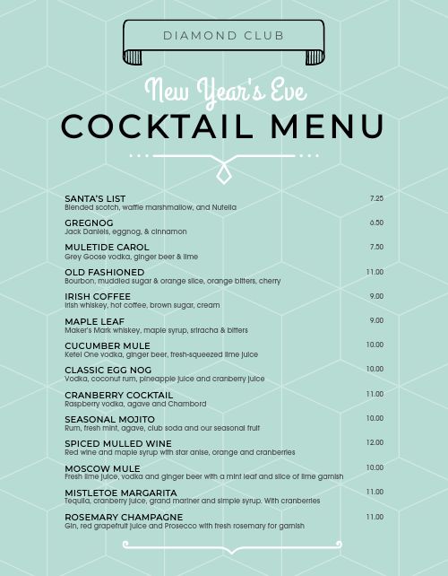 New Years Eve Cocktail Menu