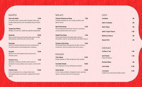 Middle Eastern Takeout Menu Example