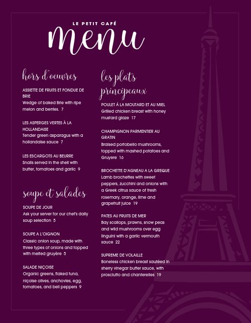 French Parisian Cafe Menu