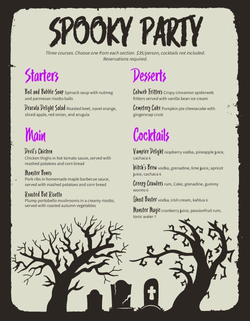 Cemetery Halloween Menu page 1 preview