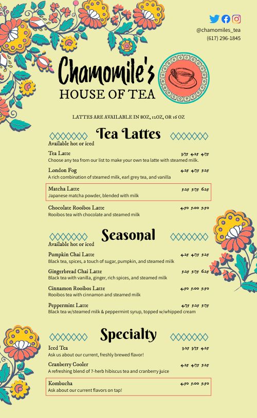 Sample Teahouse Menu page 1 preview