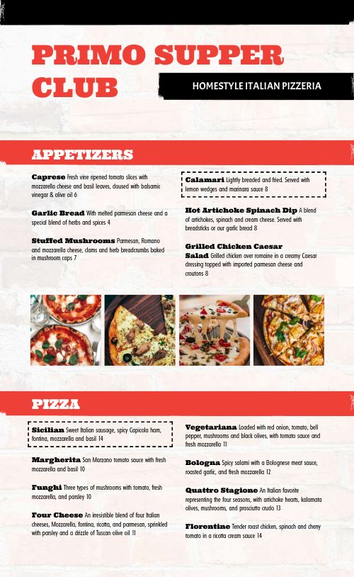 Homestyle Italian Pizzeria Menu page 1 preview