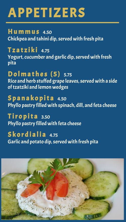 Striking Blue and Gold Greek Digital Menu