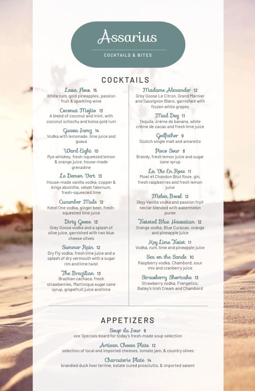Beach Cocktails Tabloid Menu