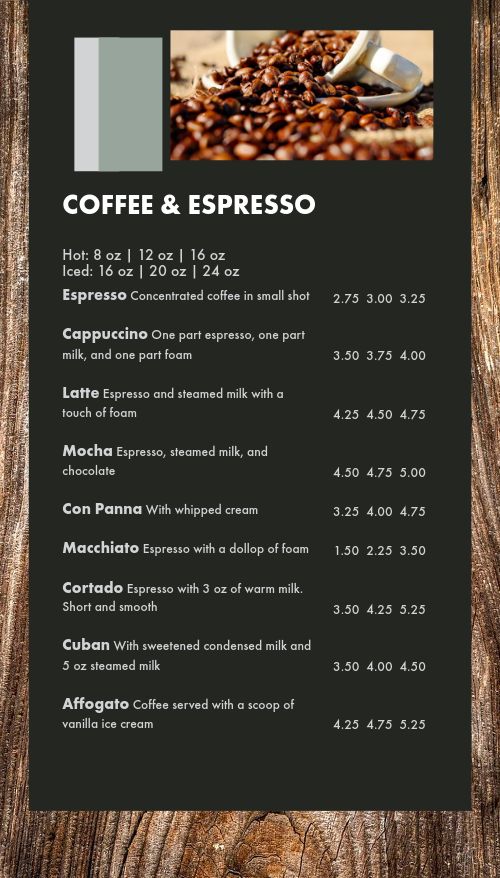 Forest Coffee Tall Digital Menu Board page 1 preview