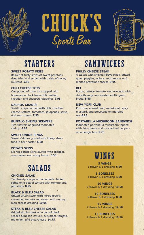 Wings and Beer Sports Bar Menu page 1 preview