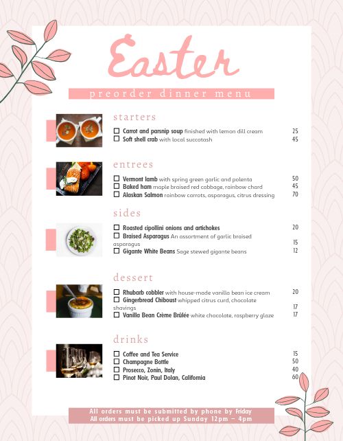 Easter Preorder Menu