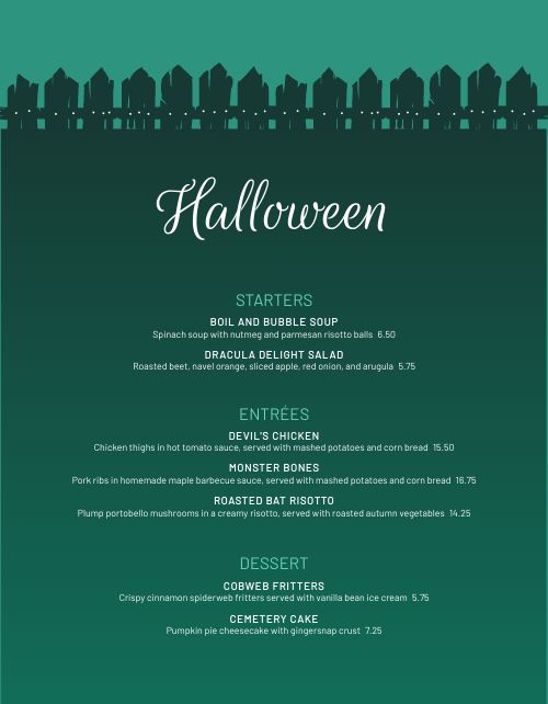 Teal Halloween Menu page 1 preview