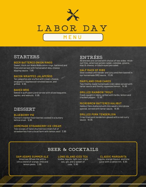 Labor Day Sports Bar Menu page 1 preview