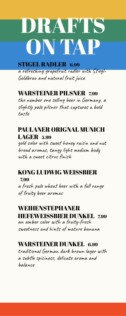 German Beer Half Sheet Menu