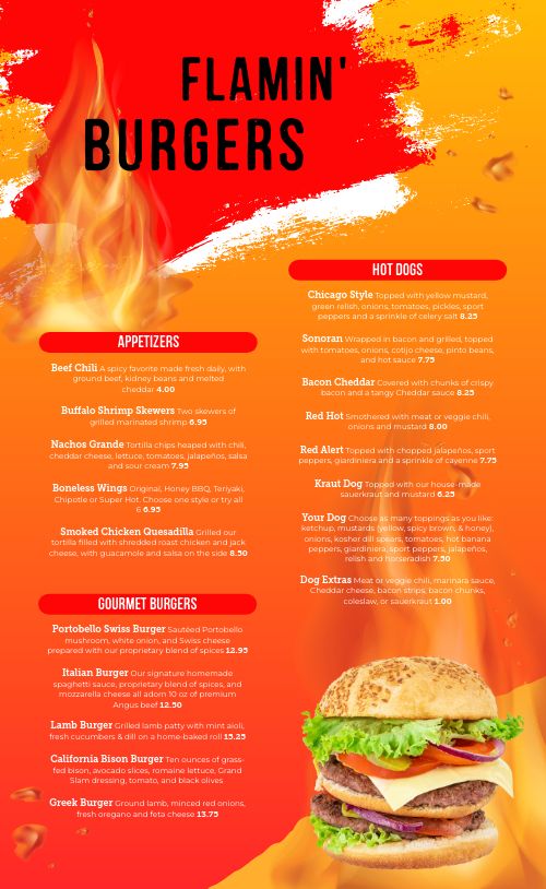Fiery Flaming Burger Menu page 1 preview