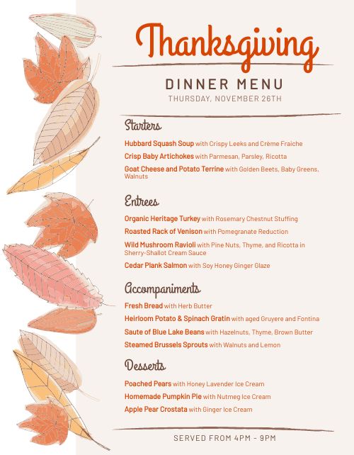 Fall Thanksgiving Menu page 1 preview