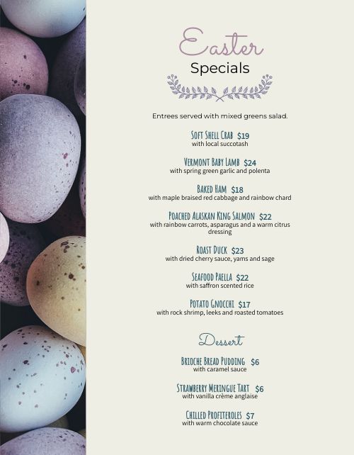 Easter Eggs Sunday Menu page 1 preview