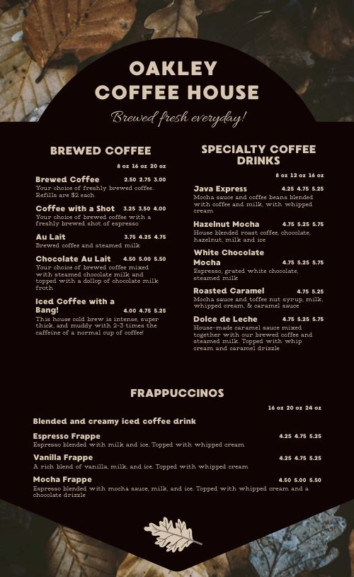 Fall Coffeehouse Menu page 1 preview