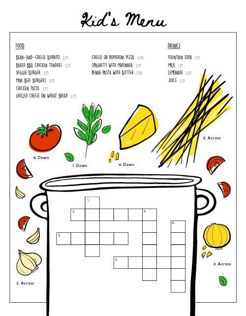 Crossword Kids Menu page 1 preview
