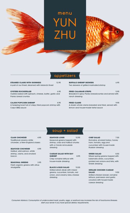 Vivid Seafood Menu page 1 preview