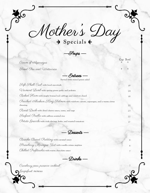 Specialty Mothers Day Menu