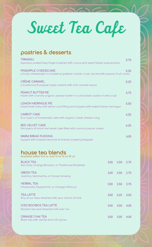 Rainbow Cafe Menu page 1 preview