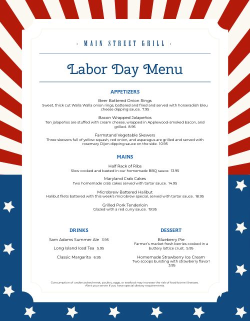 Sample Labor Day Menu Design Template by MustHaveMenus