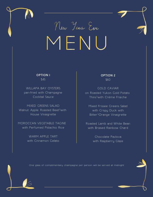 Fancy New Years Eve Menu page 1 preview