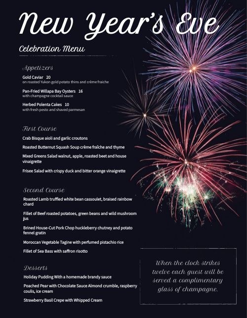 New Years Eve Fireworks Menu Design Template by MustHaveMenus