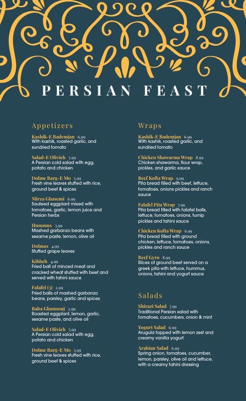 Persian Cuisine Menu