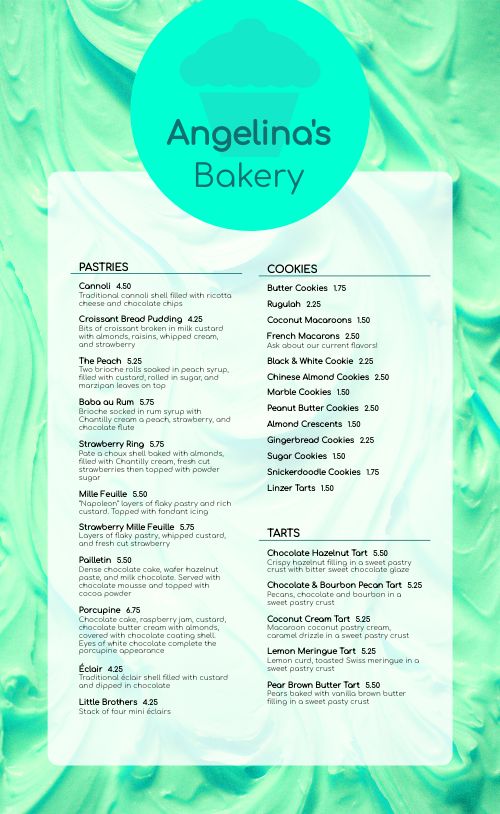 Frosted Bakery Menu