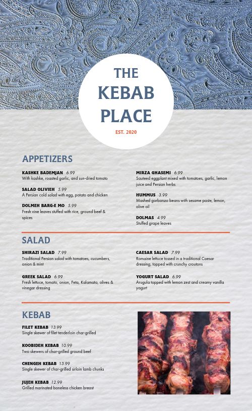 Middle Eastern Kebab Menu