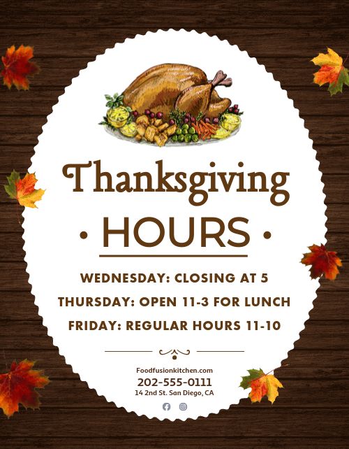 Thanksgiving Hours Sign Template by MustHaveMenus