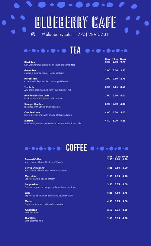Blueberry Cafe Menu page 1 preview