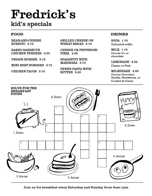 Kids Crossword Puzzle Menu