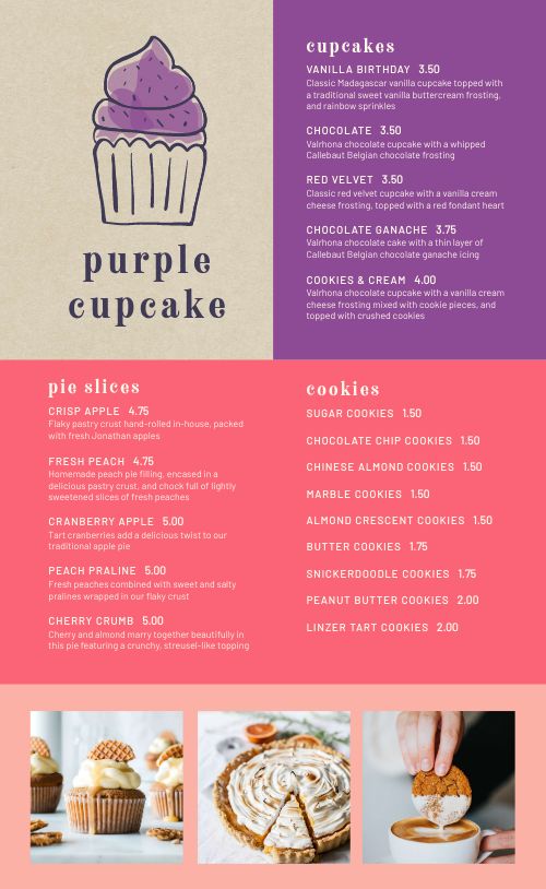 Purple Cupcake Menu page 1 preview
