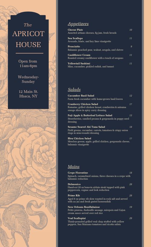 Floral Apricot Fine Dining Menu page 1 preview