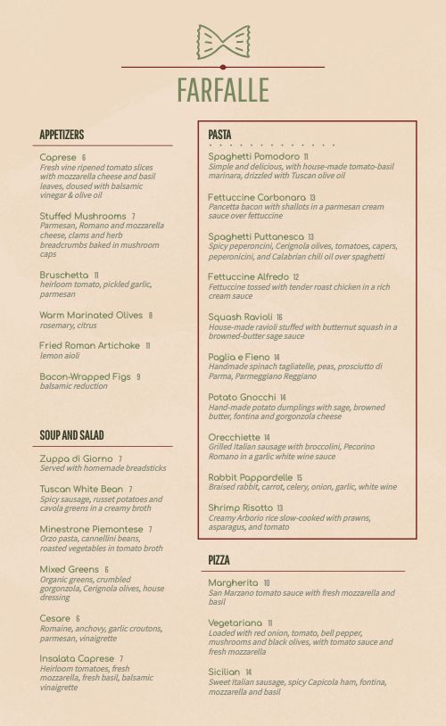 Italian Dinner Menu page 1 preview