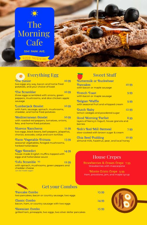 Yellow Breakfast Cafe Tabloid Menu