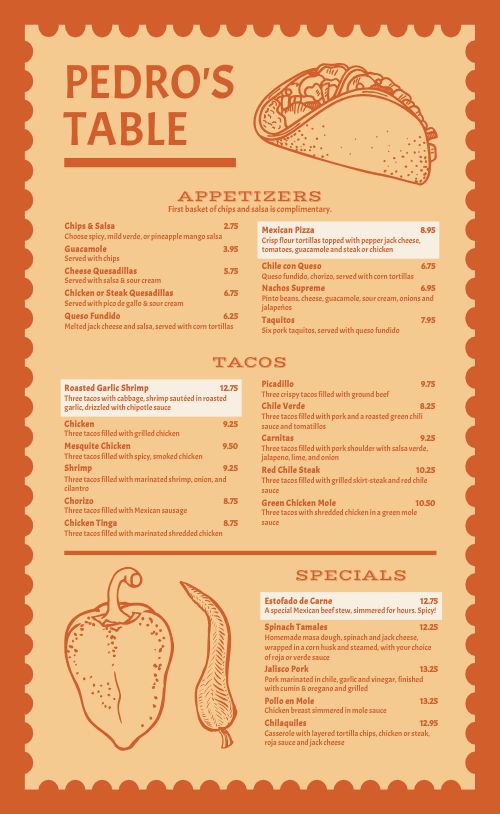 Custom Mexican Menu page 1 preview