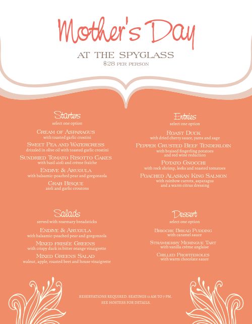 Mothers Day Event Menu
