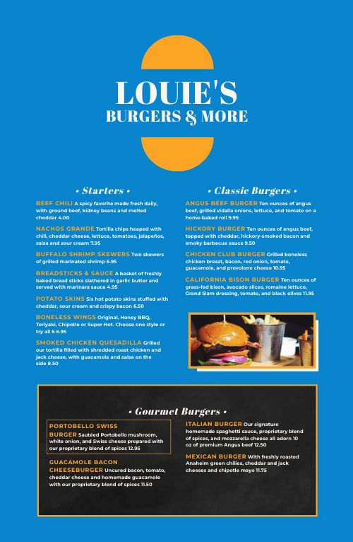 Blue Burger Tabloid Menu