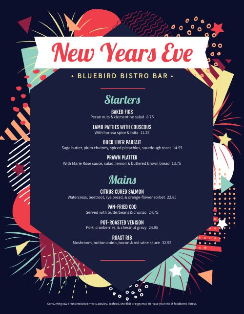 Colorful New Years Eve Menu