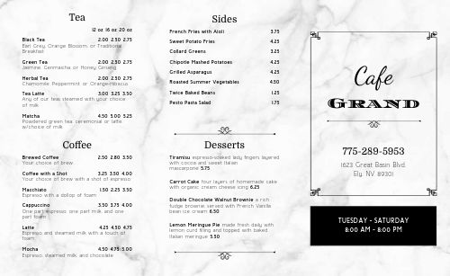 Marbled Cafe Takeout Menu