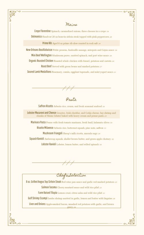 Classic Gold Fine Dining Menu