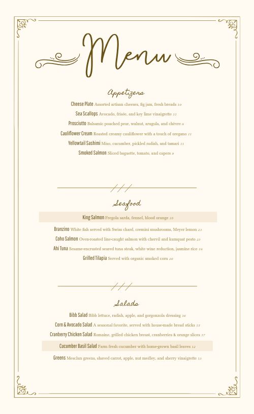 Classic Gold Fine Dining Menu page 1 preview