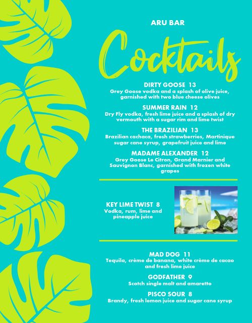 Tropical Drinks Bar Menu